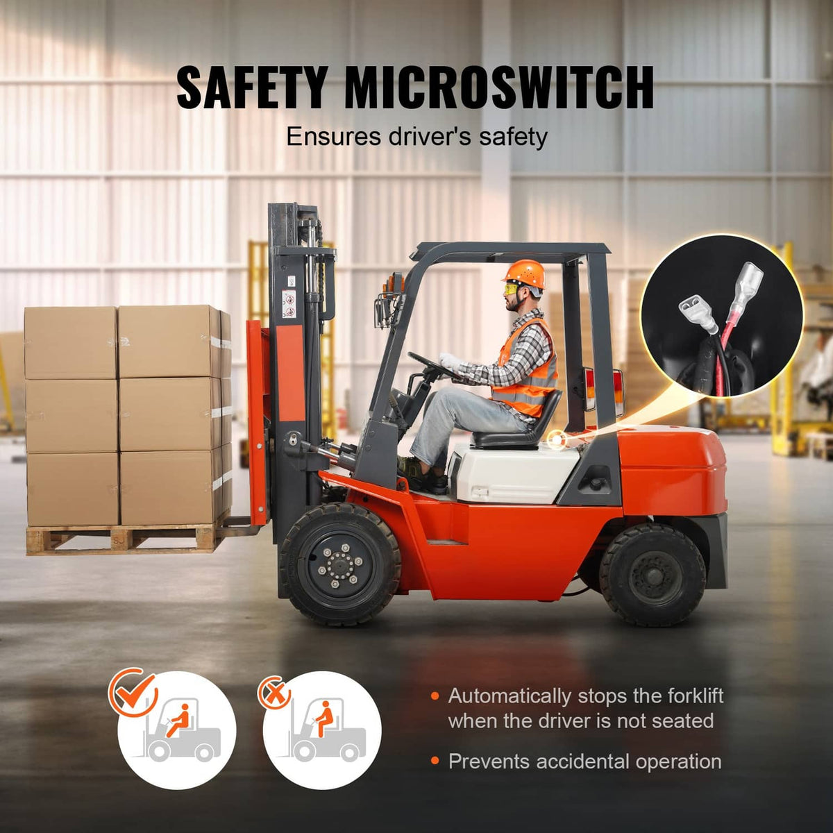 Black forklift seat with backrest and seat cushion for operator use
