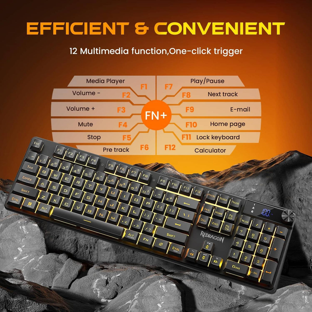 Redragon K521 Pro gaming keyboard showing multimedia key cluster with RGB backlight