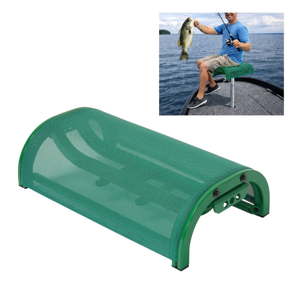 Green mesh boat seat on arched base frame, viewed from angled side.