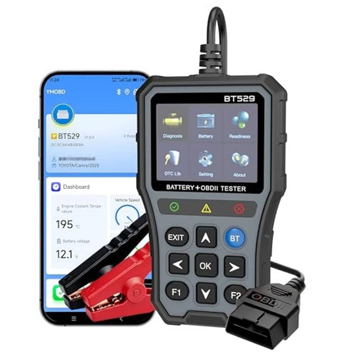 OBD2 scanner with battery clamps and OBD connector, LCD screen, and keypad controls