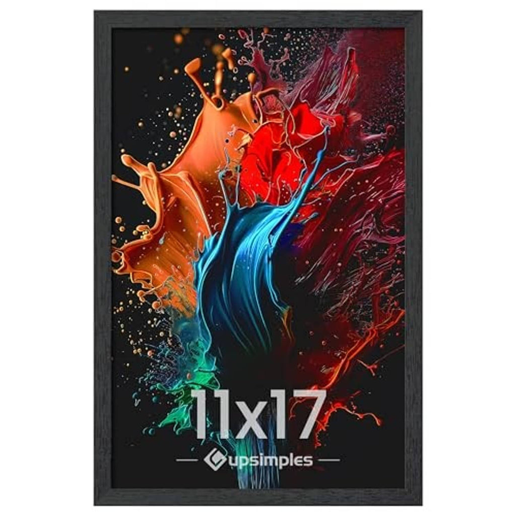 Black photo frame for 11x17, front view with colorful abstract artwork.