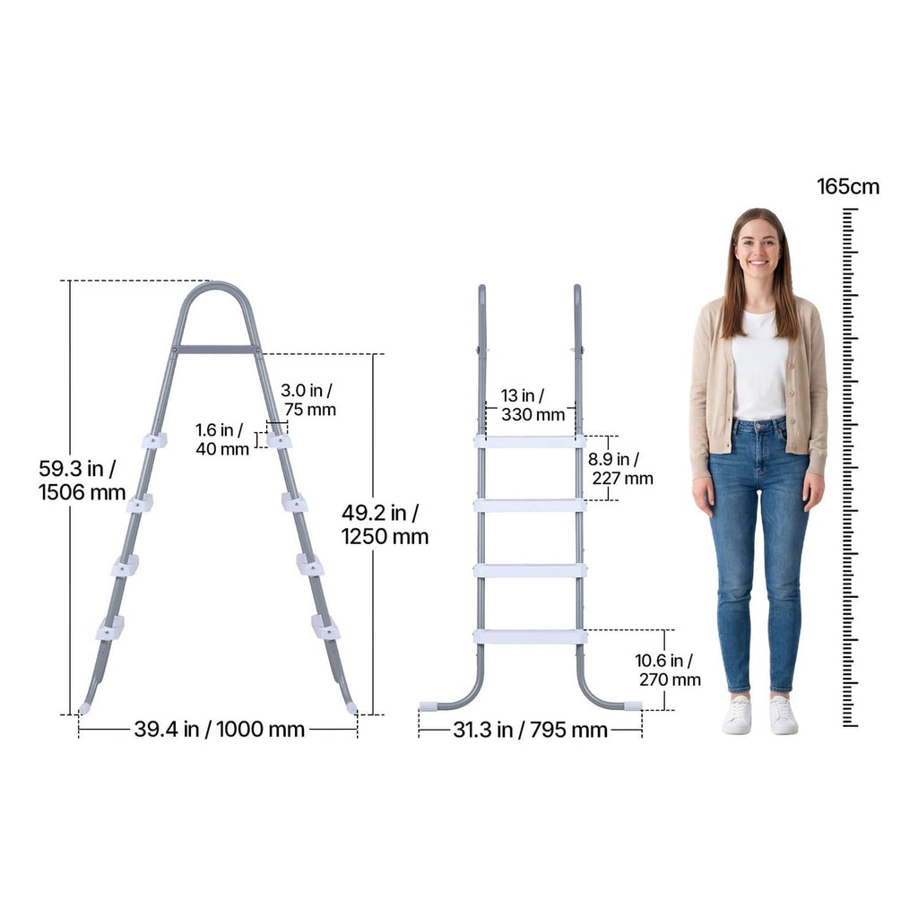 Gray 4-step A-frame pool ladder with labeled overall size and step dimensions