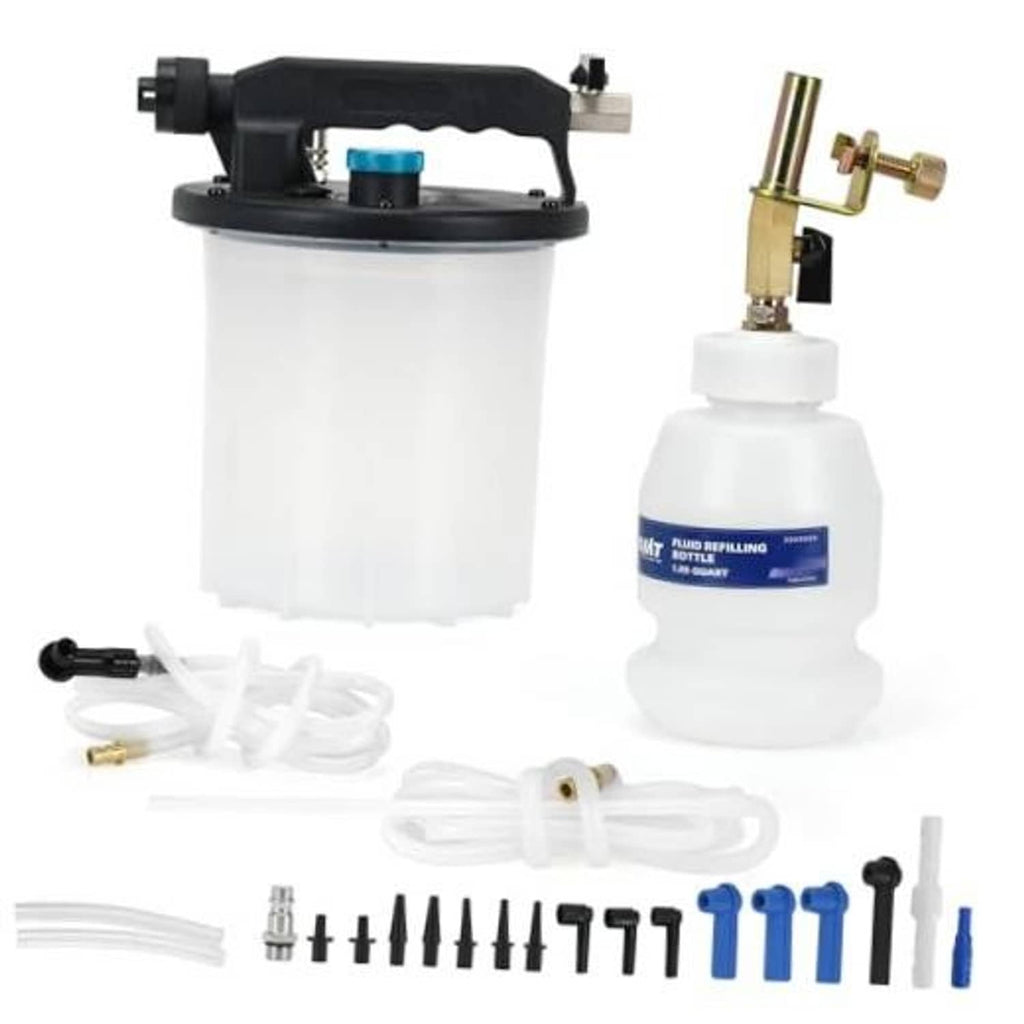Brake bleeder vacuum pump kit with refill bottle, hoses, adapters, and fittings