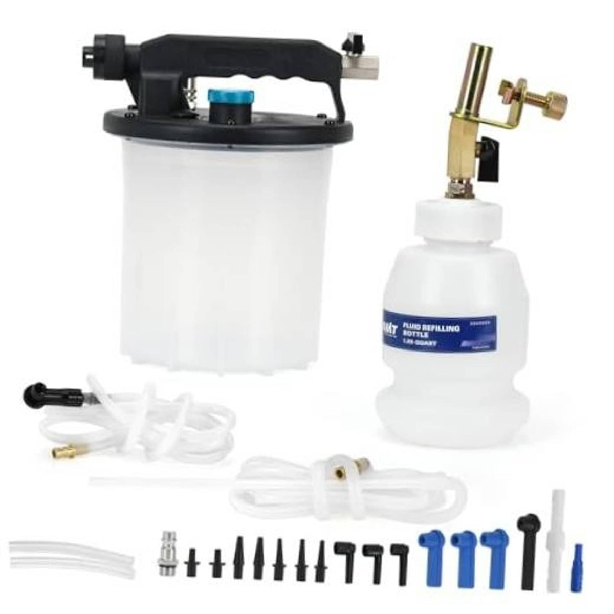 Brake bleeder vacuum pump kit with refill bottle, hoses, adapters, and fittings