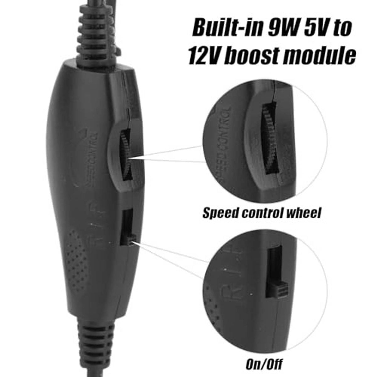 Black USB fan speed adapter controller with speed control wheel and on/off switch