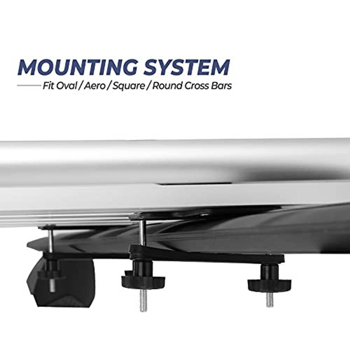 Underside view of aluminum rooftop cargo basket mounting system with bolts