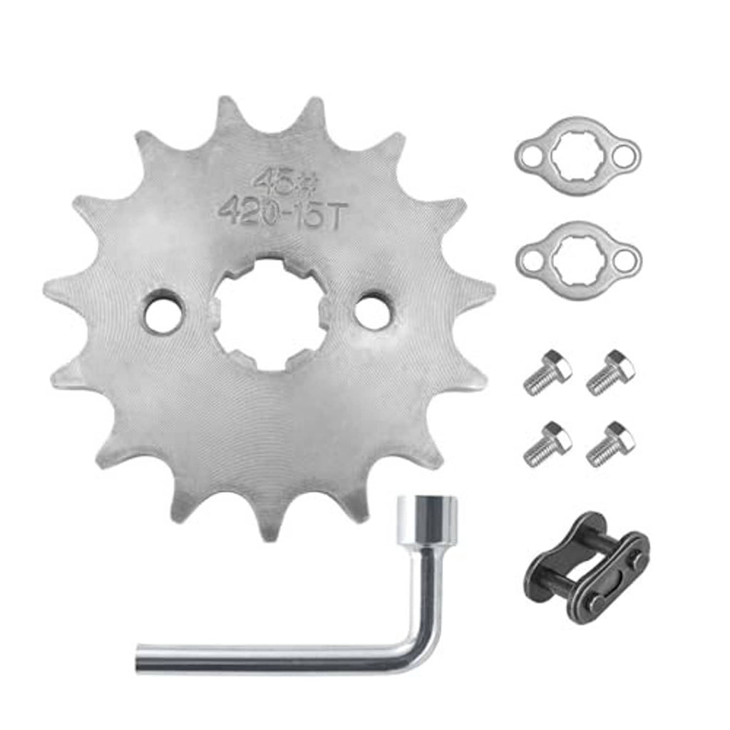 Front engine sprocket kit with 420-15T gear, L wrench, bolts, and mounting gaskets