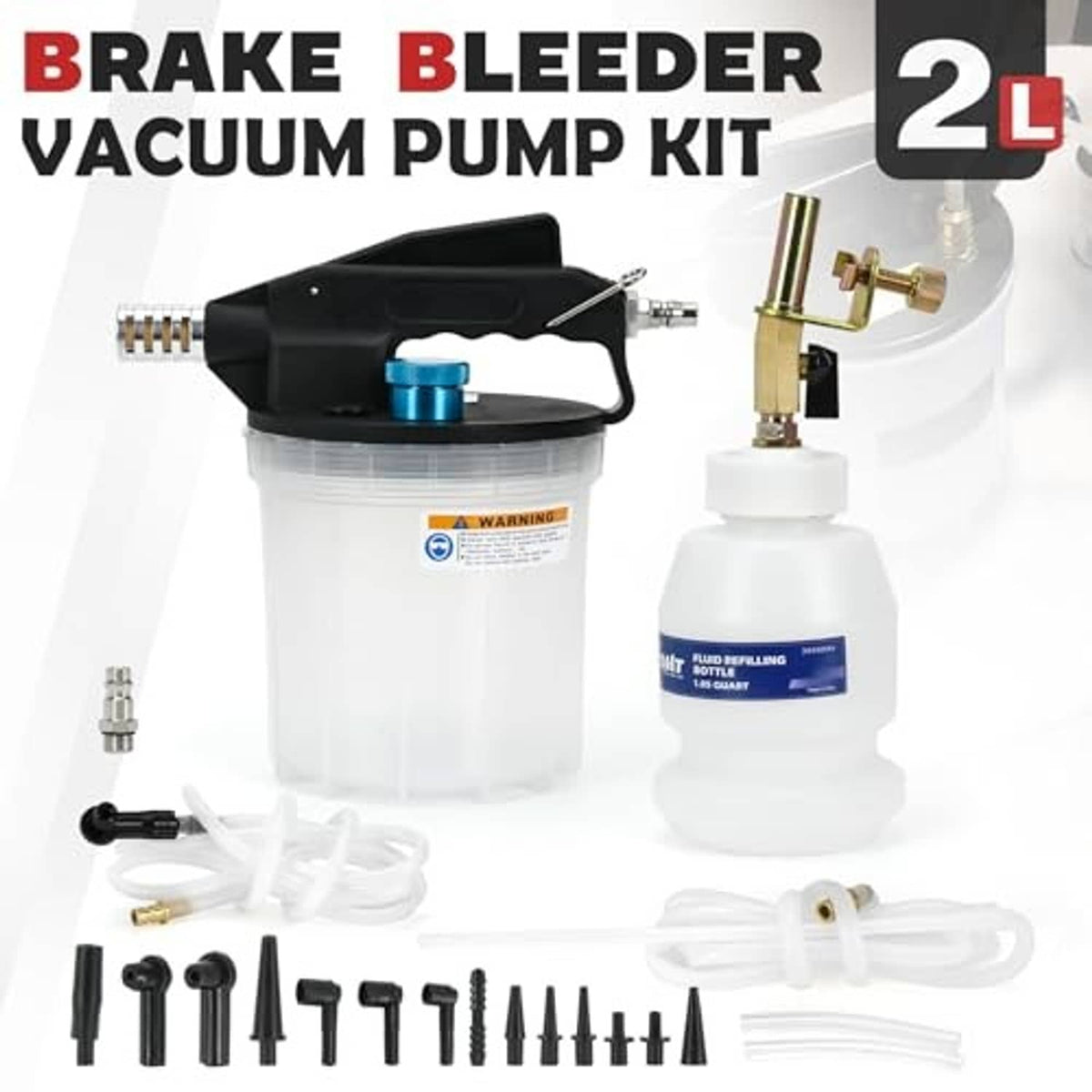 Brake bleeder vacuum pump kit with 2L container, refilling bottle, and adapter set
