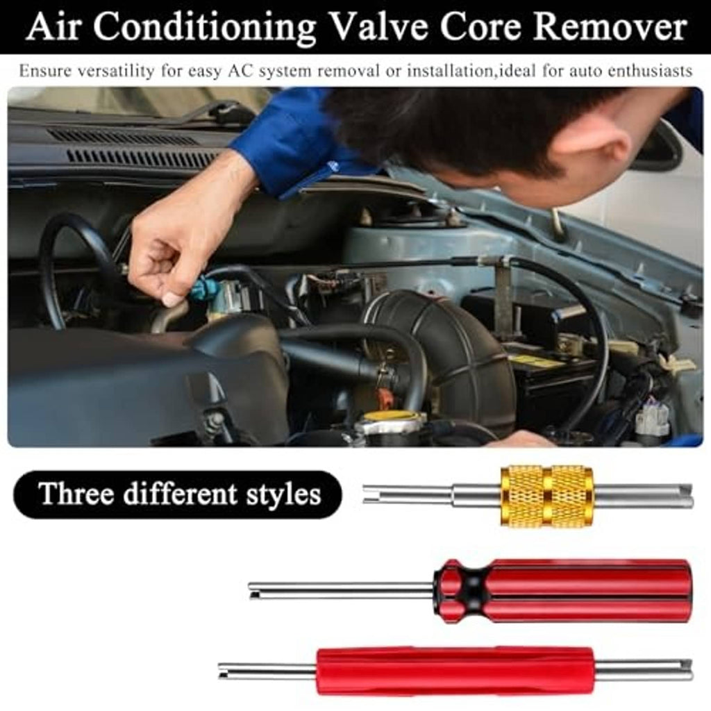 Air conditioning valve core remover tool set with red handles and gold knurled grips