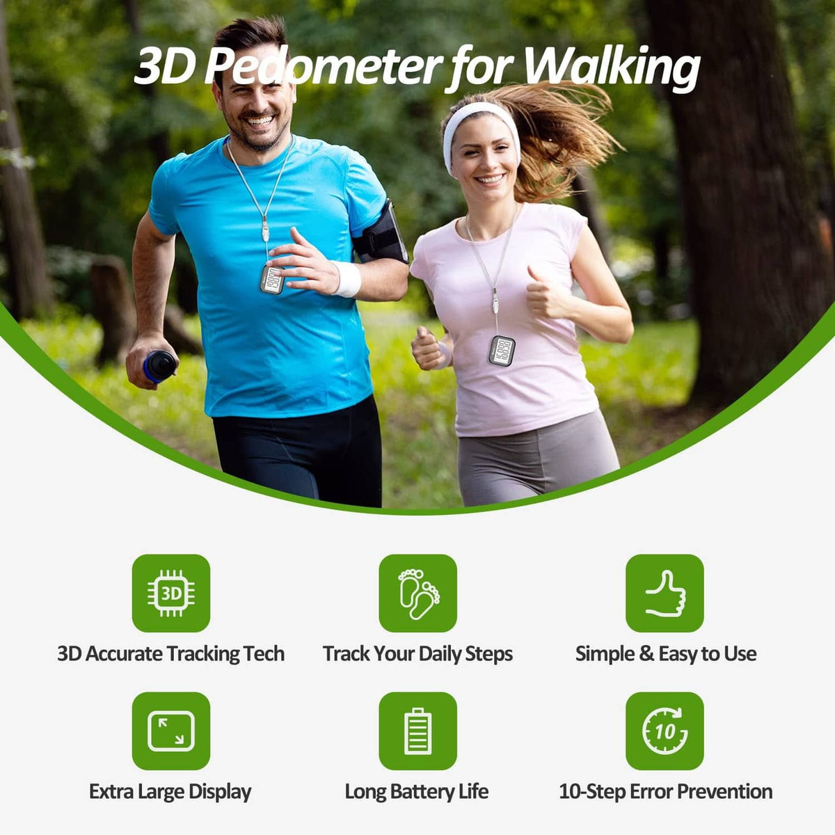 Black pedometer step counter worn on a lanyard while walking outdoors