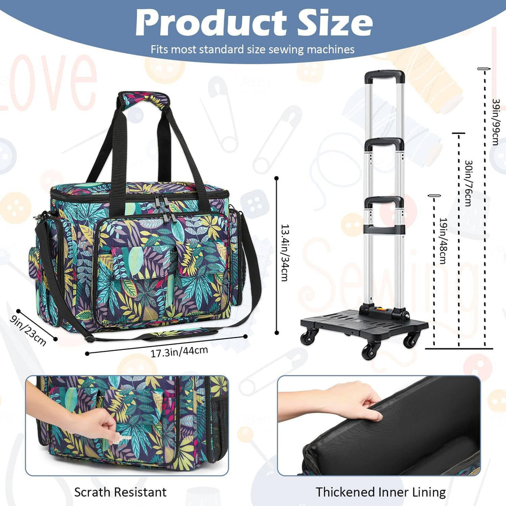Rolling sewing machine tote with wheels and side bags; leaf-pattern fabric and handles.