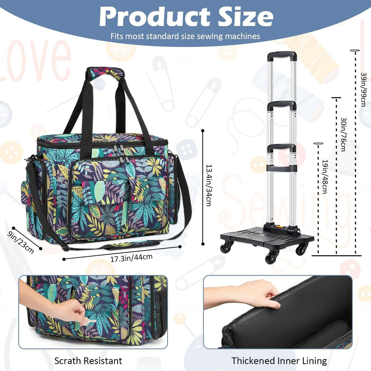 Rolling sewing machine tote with wheels and side bags; leaf-pattern fabric and handles.