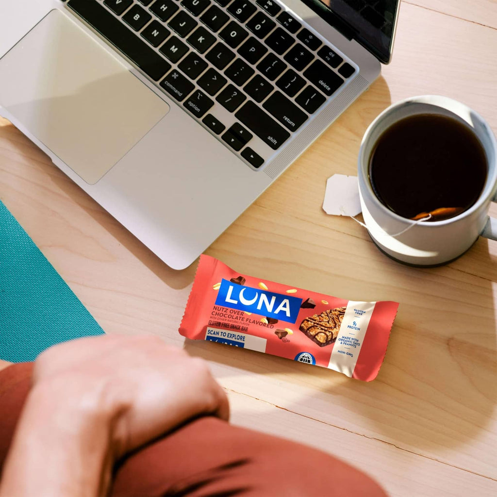 LUNA Nuts Over Chocolate snack bar in red wrapper