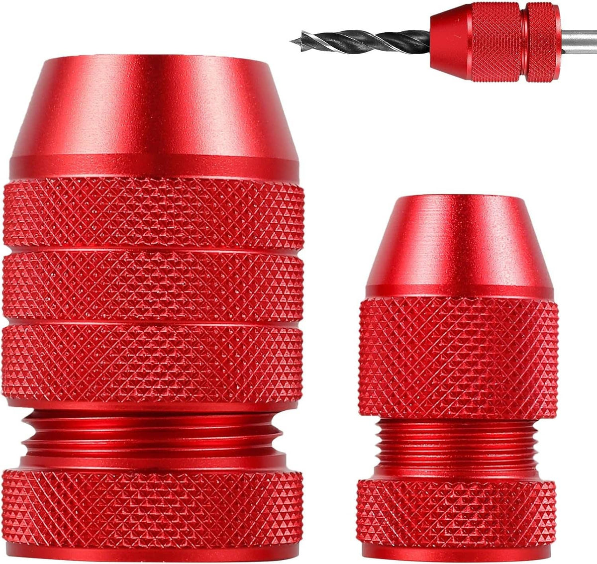 Red aluminum drill bit depth stop collar set with two collars and drill bit