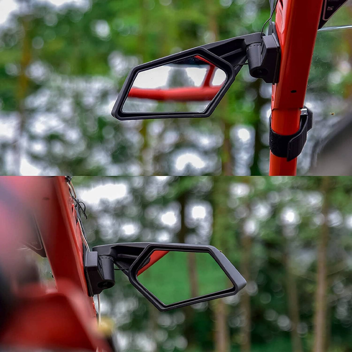 Black foldable UTV rearview mirror with green-tinted reflective lens, close-up