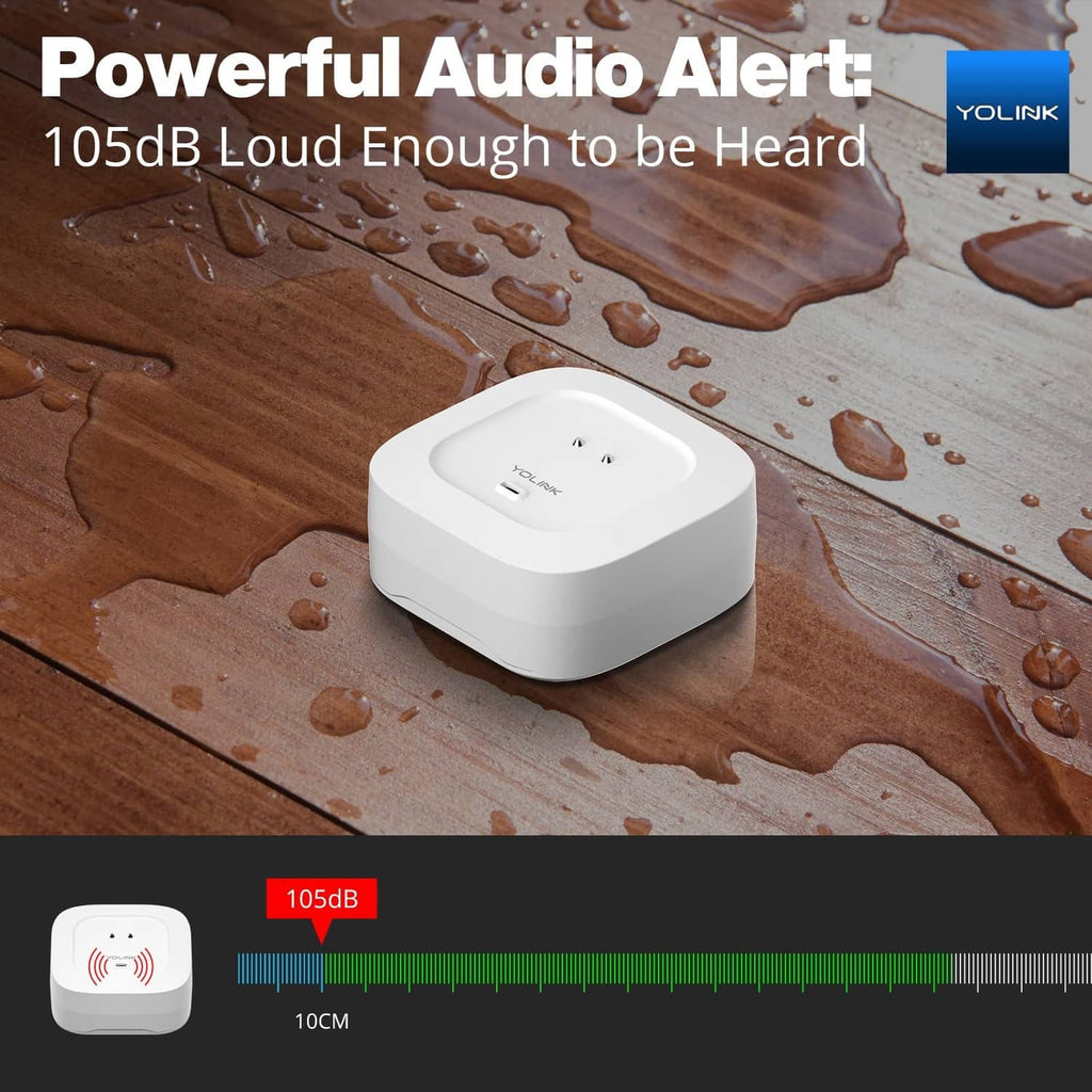 White water leak sensor on floor with water droplets, featuring 105 dB alarm label