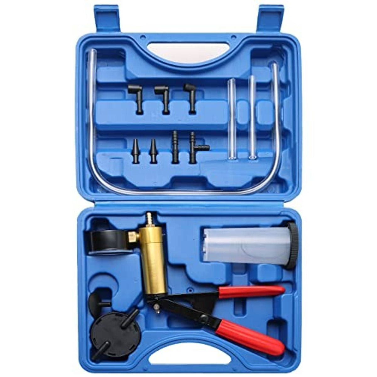 Brake bleeder kit case showing brass vacuum pump, red-handled tools, tubes