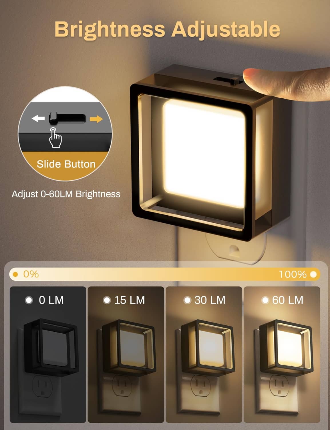 Adjustable brightness LED night light with sliding control and square light panel