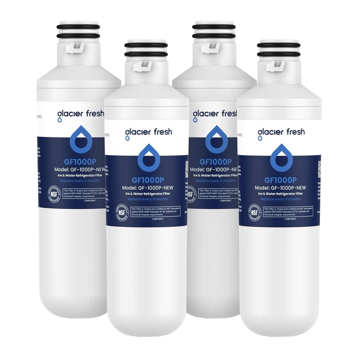 Glacier Fresh water filter cartridges, 4-pack, white with blue labels and caps