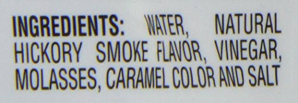 Ingredients list for Colgin Liquid Smoke: water, natural hickory smoke flavor, vinegar.