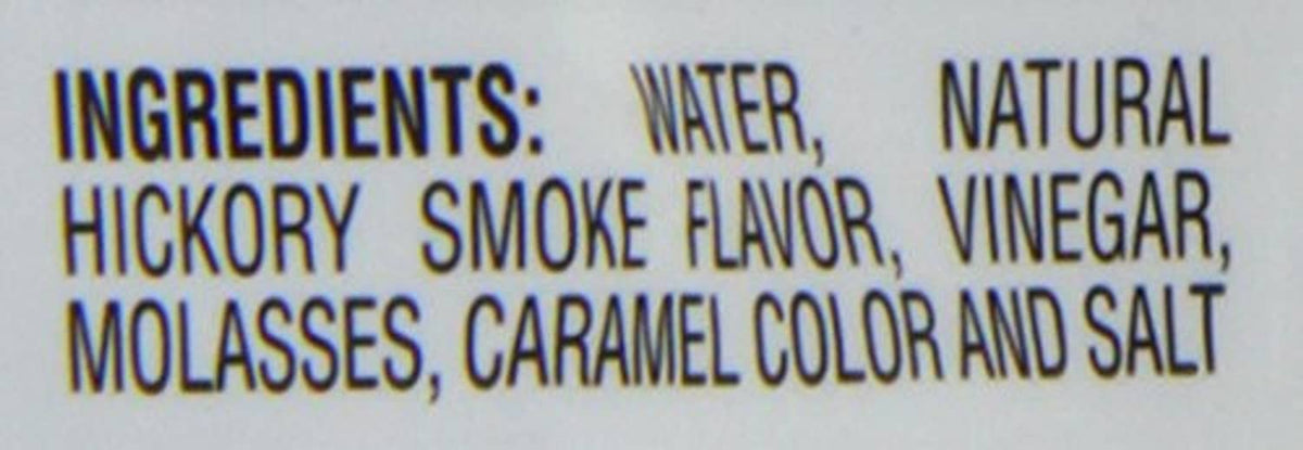 Ingredients list for Colgin Liquid Smoke: water, natural hickory smoke flavor, vinegar.