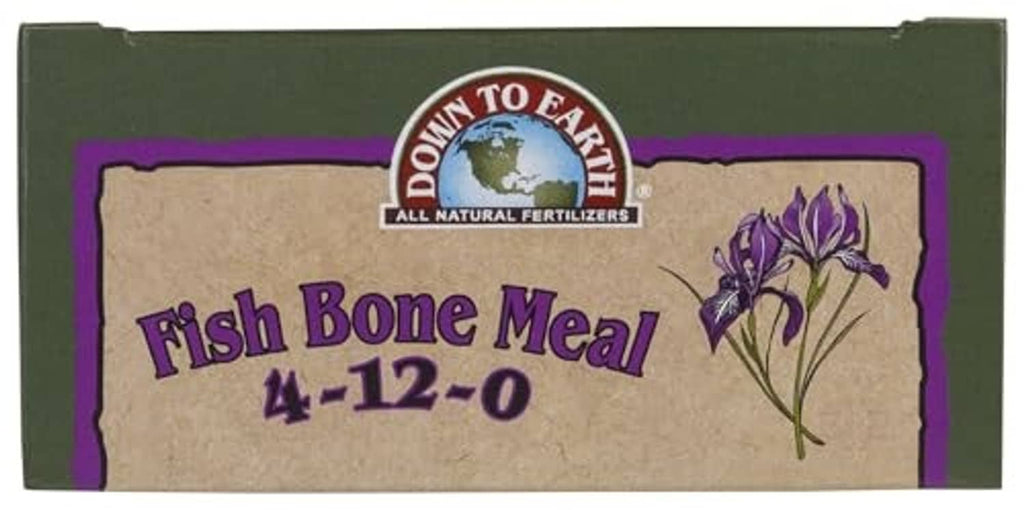 Short end of fish bone meal fertilizer box showing 4-12-0 and purple iris