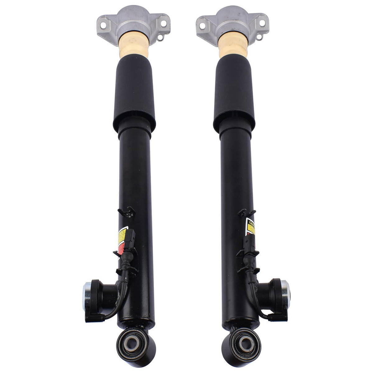 Pair of electronic shock struts with gray upper mounts and black cylinders, side linkage visible.