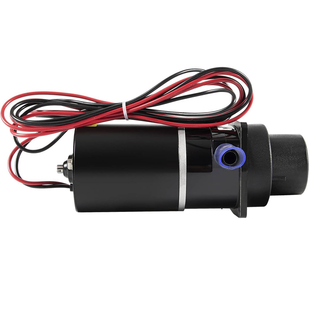 Toilet macerator pump motor with red and black power wires and front coupling