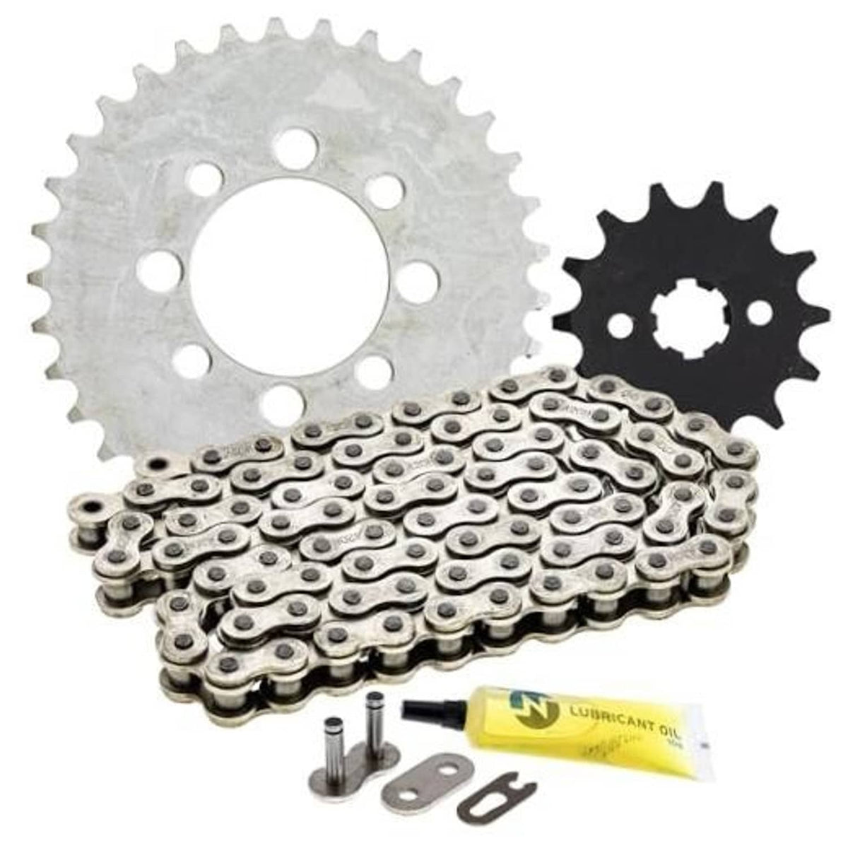 Drive sprocket and roller chain kit with lubricant tube and small installation hardware