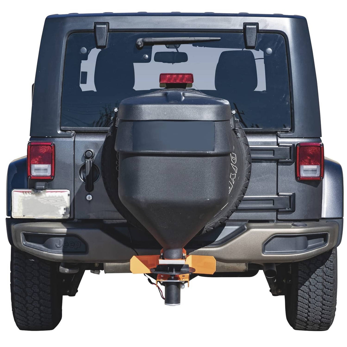 Truck-mounted salt spreader assembly with central motor housing beneath hopper
