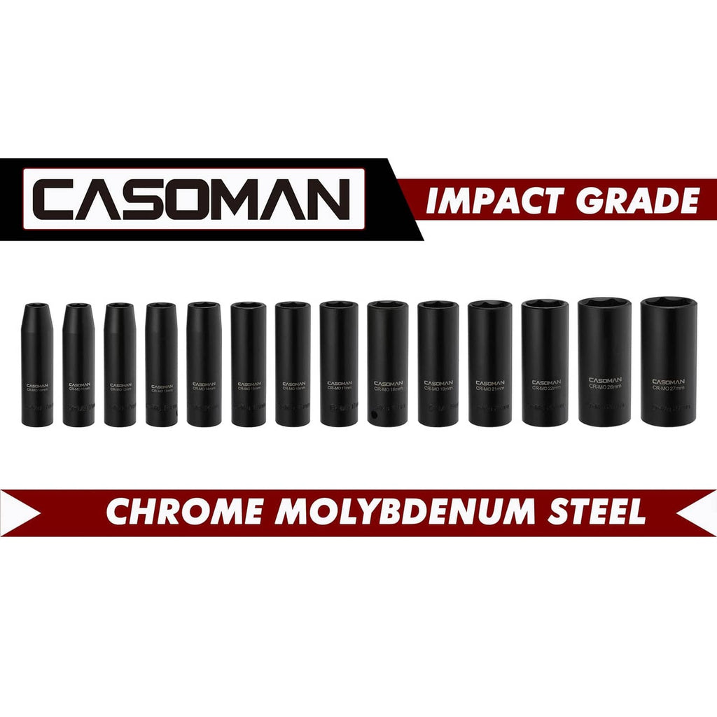 CASOMAN Impact Grade black sockets labeled chrome molybdenum steel