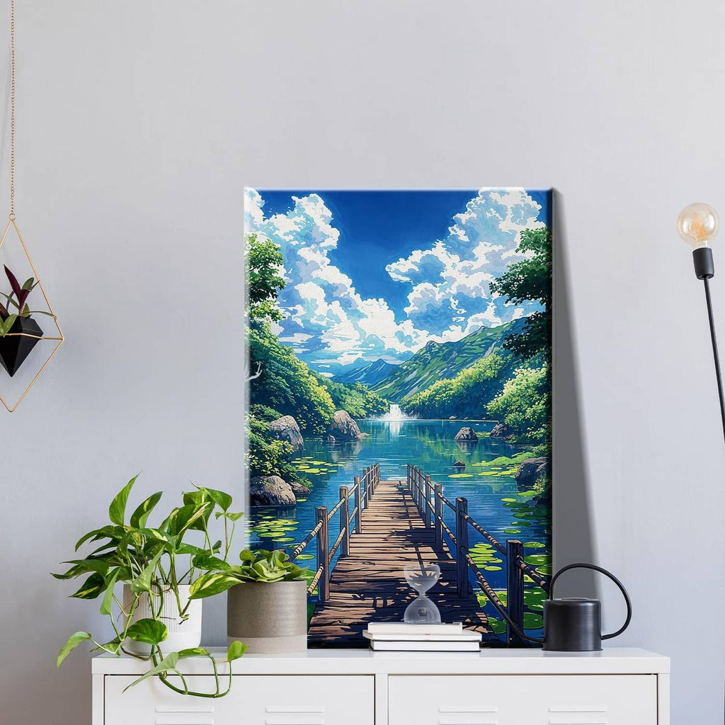 Paint-by-numbers landscape canvas on an easel for easy wall display