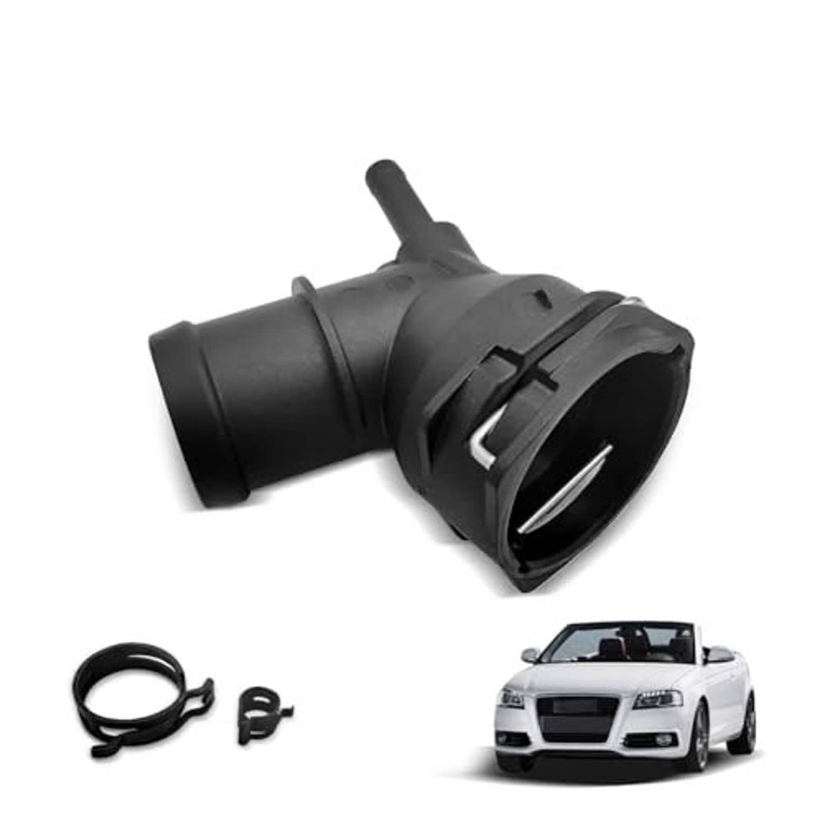 Black upper radiator coolant hose connector pipe with flanged inlet and outlet