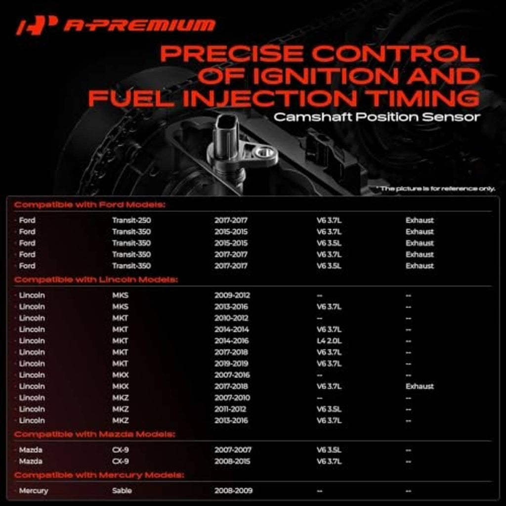 Camshaft position sensor illustration with timing control panel and vehicle application list
