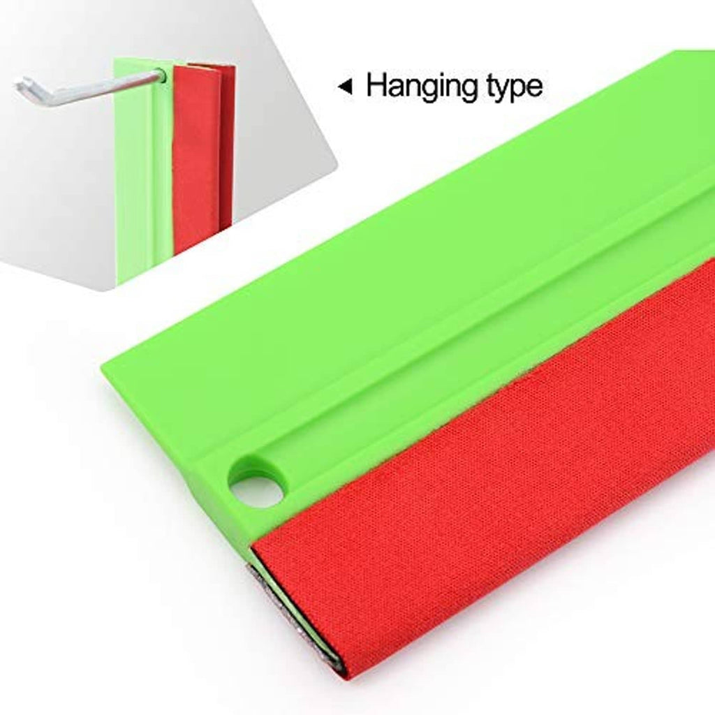 Green felt squeegee with red pad, oval hanging hole on the handle