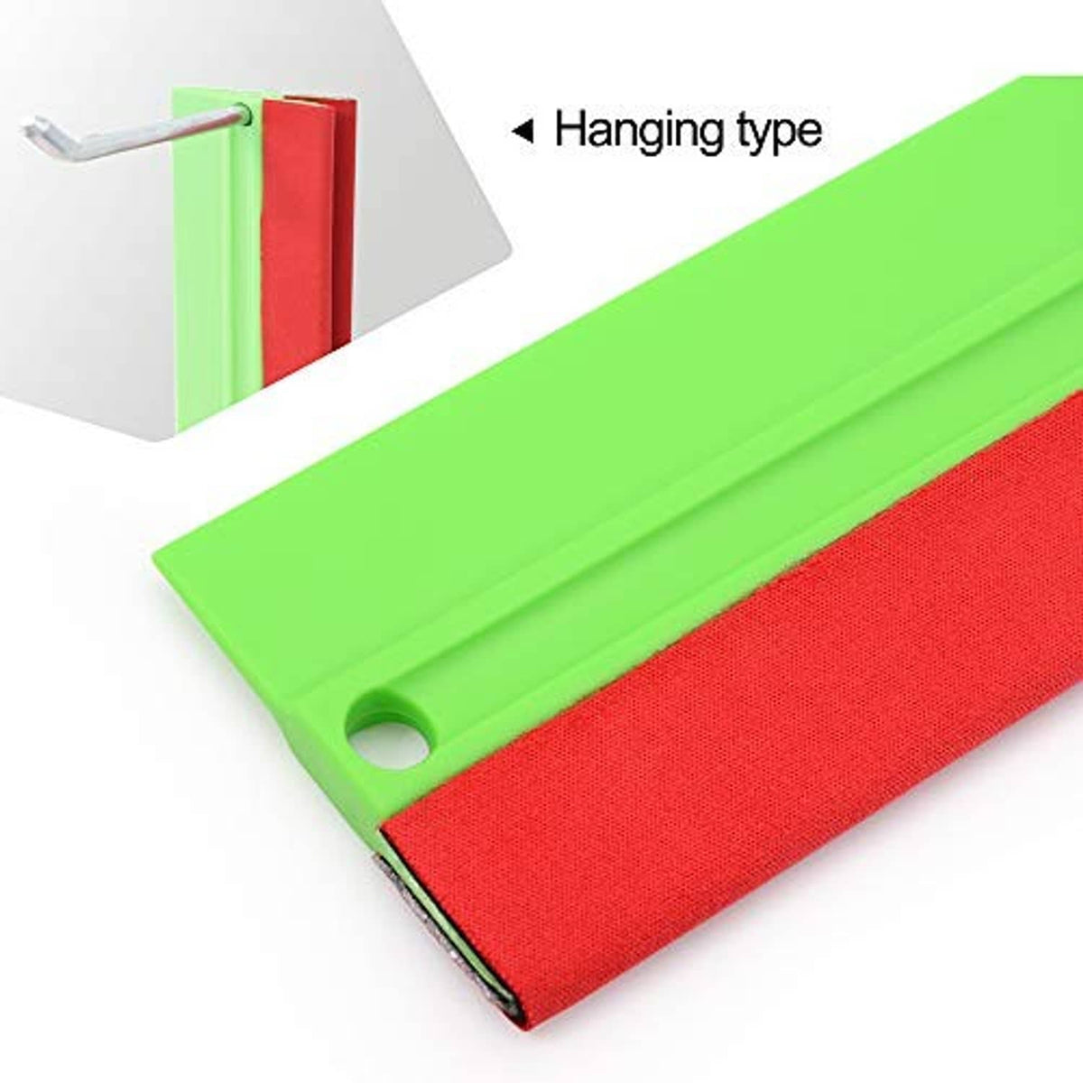 Green felt squeegee with red pad, oval hanging hole on the handle