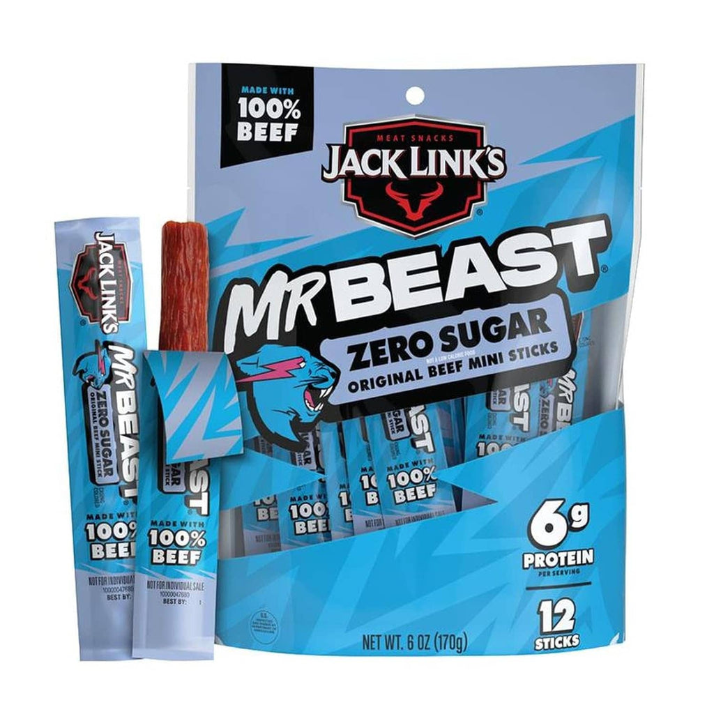 Front view of MrBeast zero sugar mini beef jerky sticks package with 12 sticks
