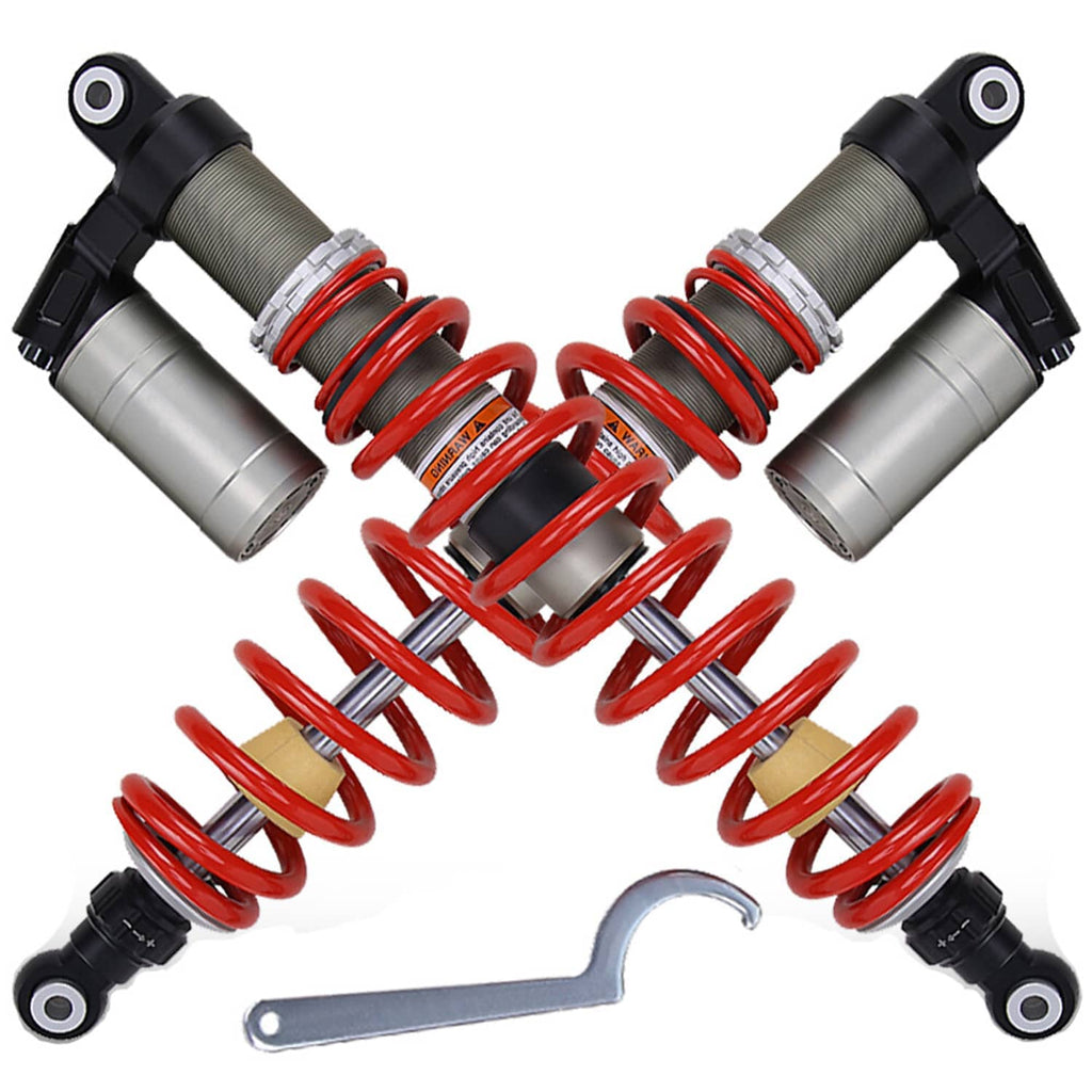 Pair of front shock absorbers with red coil springs, gray dampers, and silver wrench tool