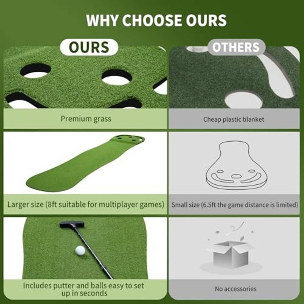 Green artificial turf putting green mat with cup holes and included golf accessories