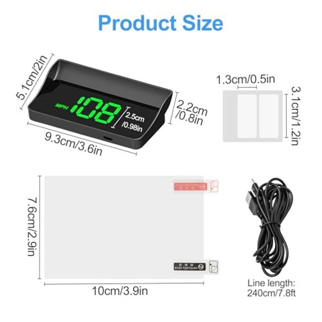 HUD display with size diagram: black unit showing green speed digits