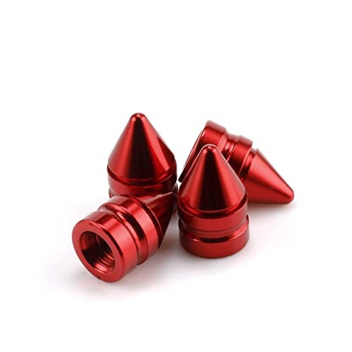 Four red conical tire valve caps with aluminum alloy finish, angled together