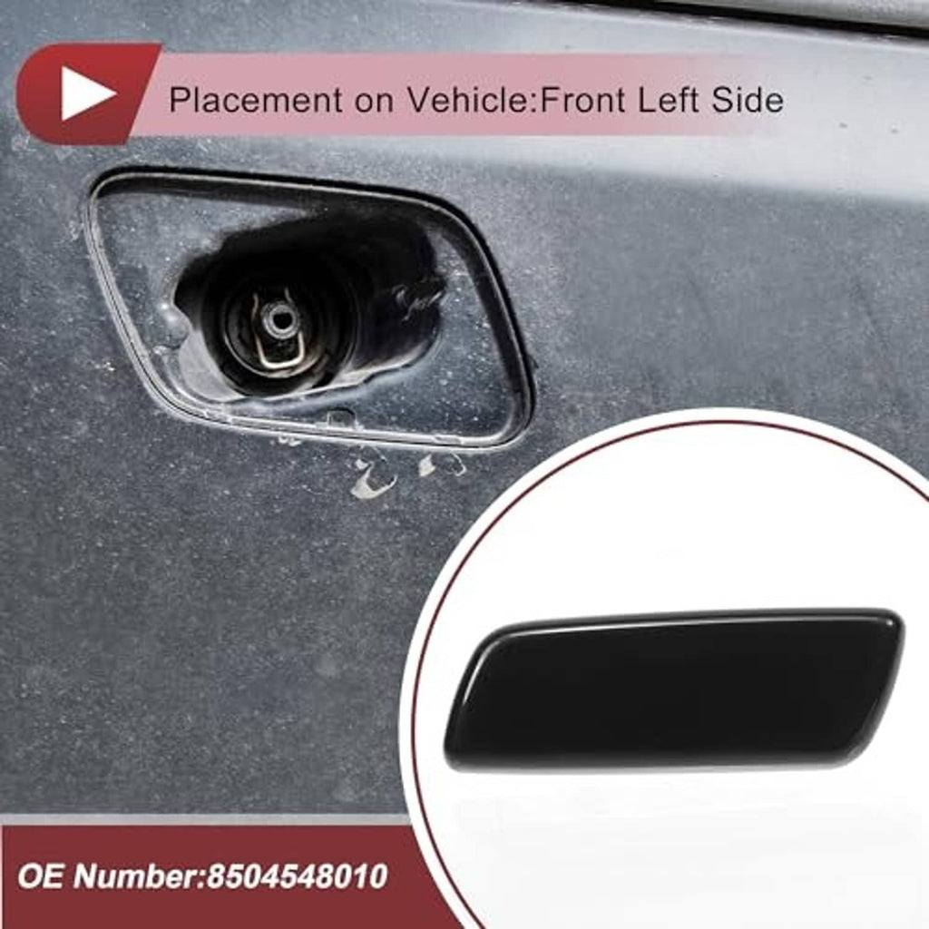 Front left washer nozzle cover cap installed on bumper opening, black cap