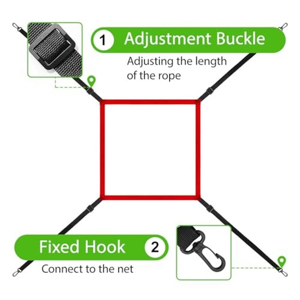 Baseball net frame with adjustment buckle and fixed hooks for attaching netting