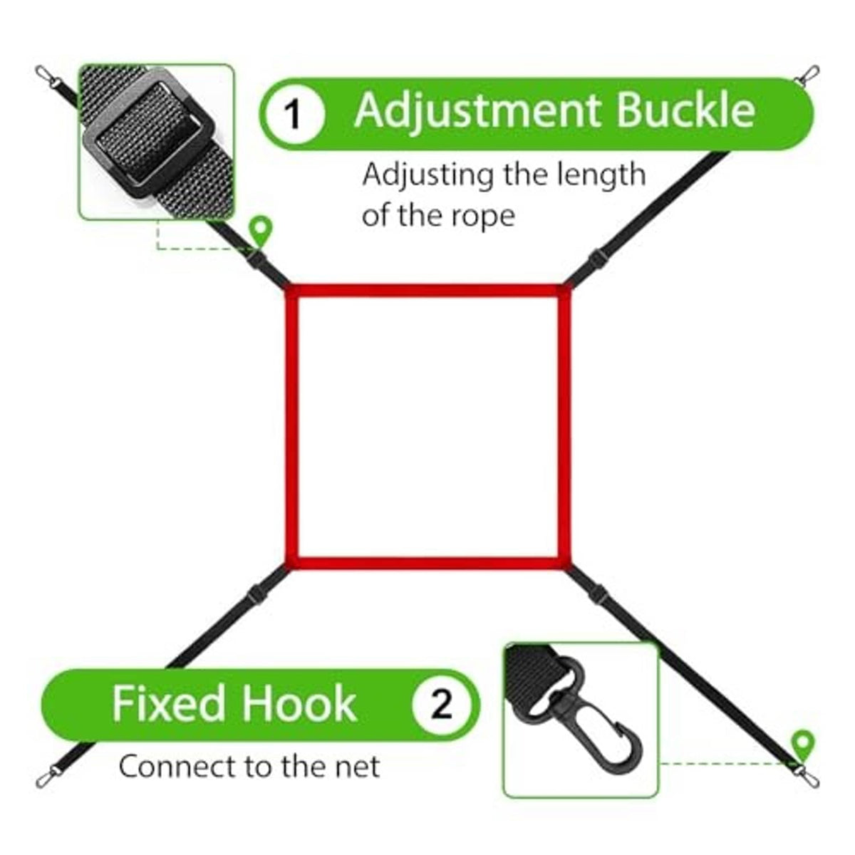 Baseball net frame with adjustment buckle and fixed hooks for attaching netting