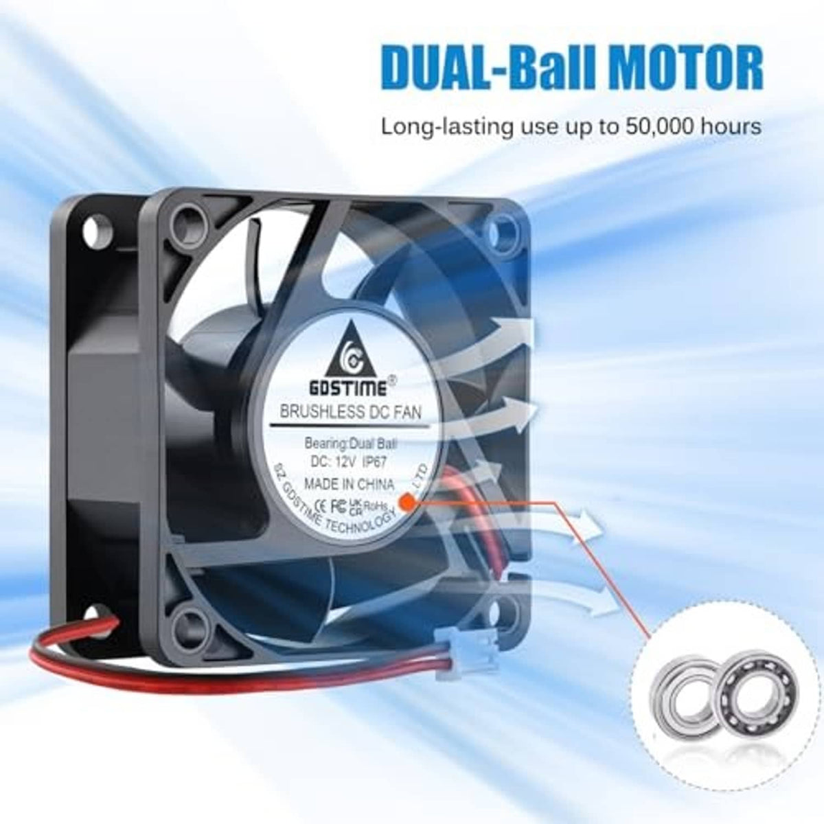 Dual-ball bearing waterproof cooling fan with black housing and red two-wire lead