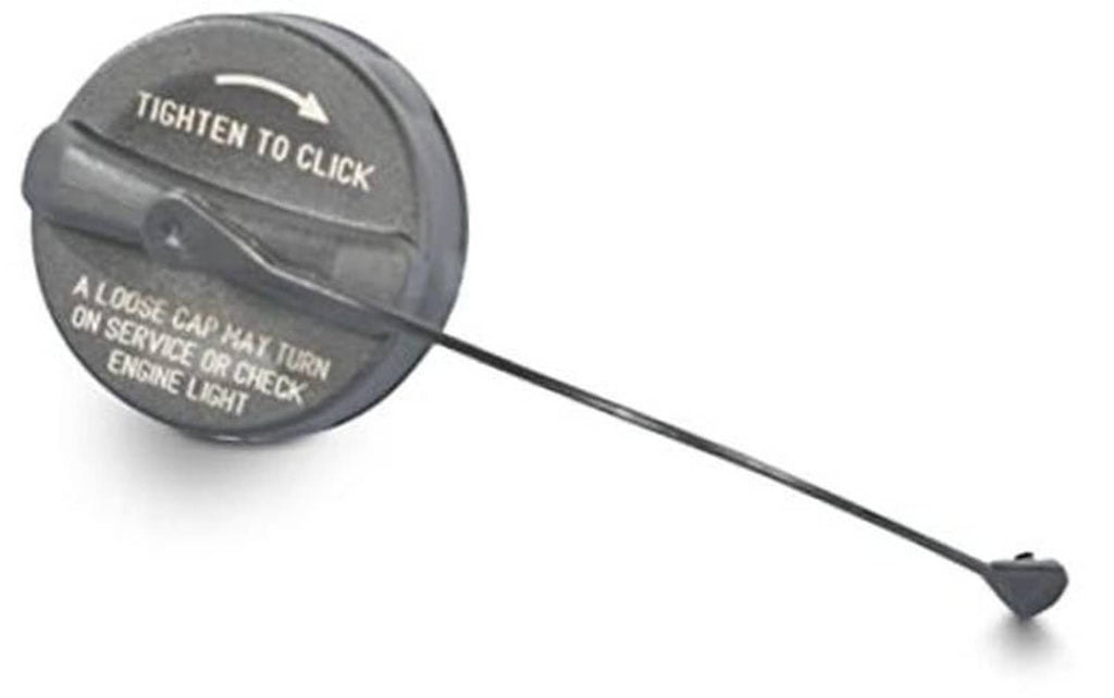 Dark gray fuel filler cap with tether rod and molded text on top