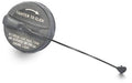 Dark gray fuel filler cap with tether rod and molded text on top