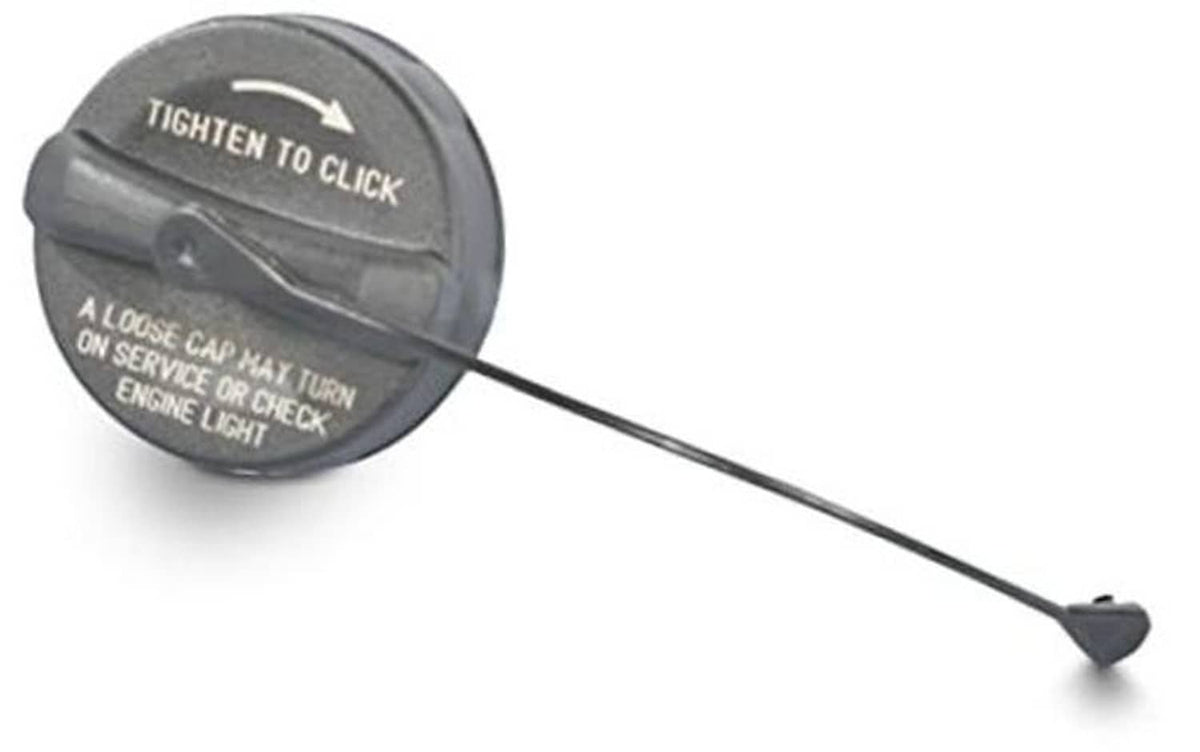 Dark gray fuel filler cap with tether rod and molded text on top