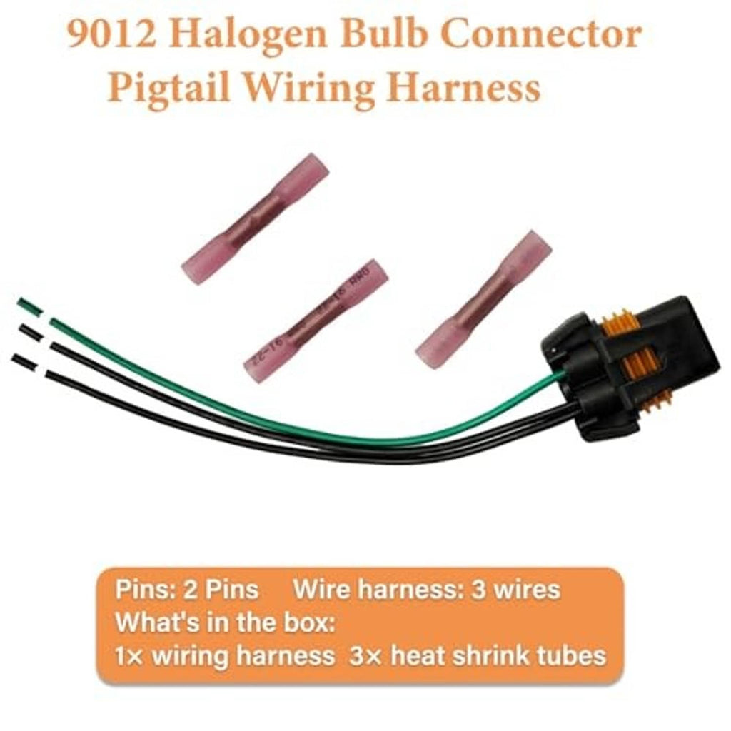 3-wire halogen bulb connector pigtail wiring harness with black plug and heat shrink tubes