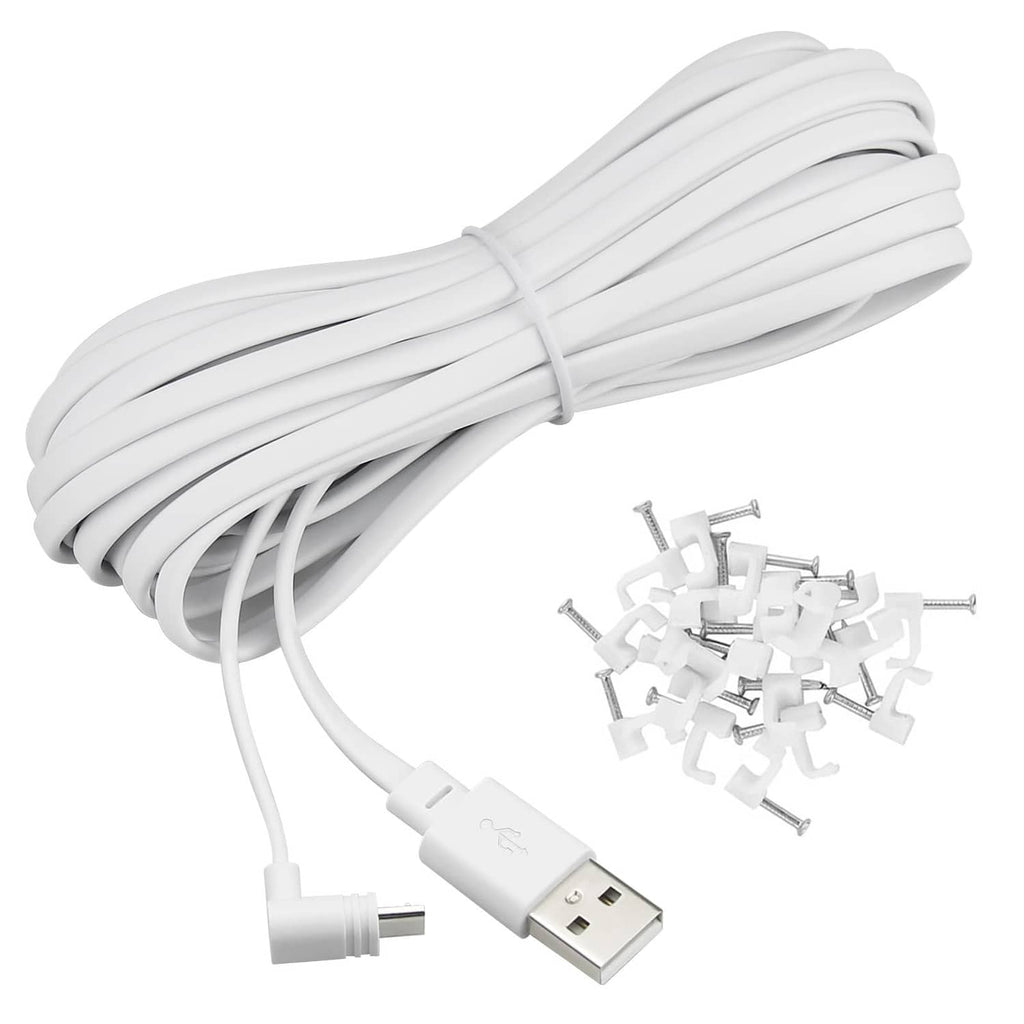 Coiled white USB to micro USB charging cable with included mounting clips